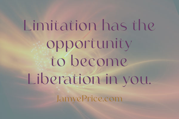 Quote that says Limitation has the opportunity to become liberation in you by Jamye Price channeling Shiva pictured over light waves